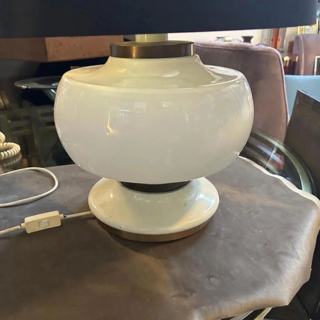 Tommaso Barbi 1970s Mid-Century Modern White Opaline Glass and Brass Italian Table Lamp For Sale - Image 4 of 13