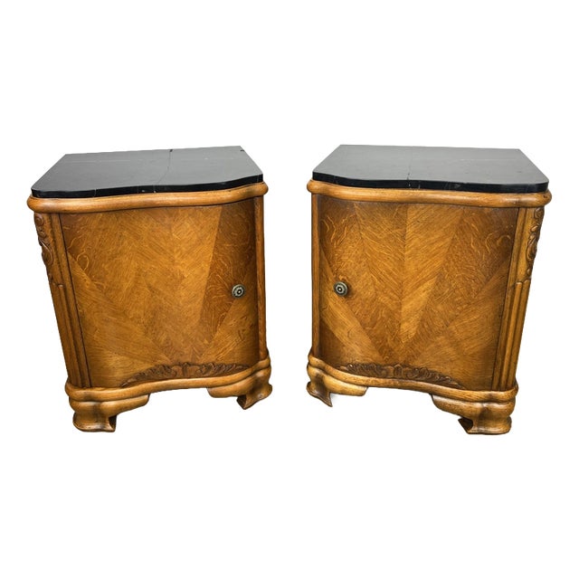French Art Deco Bedside Tables with Marble Top, Set of 2 For Sale