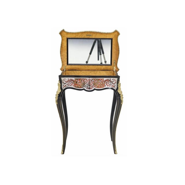 19th Century French Napoleon III Period Louis XV Ebonized Silver Boulle Marquetry Dressing Side Table For Sale - Image 4 of 9