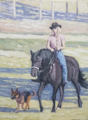 Original Impressionist Oil Painting, Girl Riding a Horse and Walking the Dog