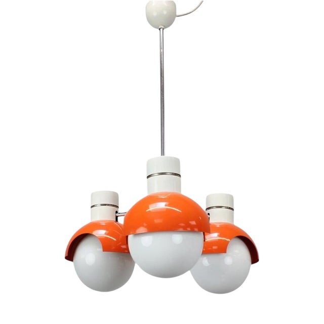 Czechoslovak Space Age Orange and Opaline Glass Chandelier from Napako, 1970s For Sale