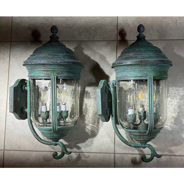 Pair of Vintage Solid Brass Wall Lanterns /Sconces 22”x10”x11”.5 For Sale - Image 9 of 16