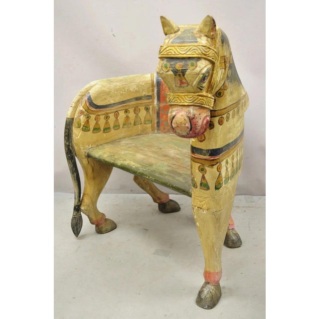 Vintage Figural Primitive Solid Carved Wood Red & Green Horse Bench Seat Chair. Item features a shapely barrel back, solid...