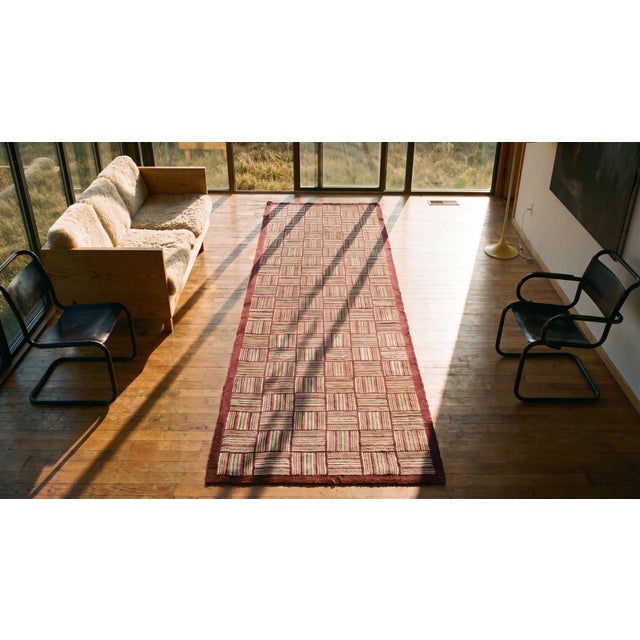 1930s Multicolor Checkerboard Folk Art Antique American Hooked Rug 3'2" X 10' 4" Carpet For Sale - Image 17 of 17