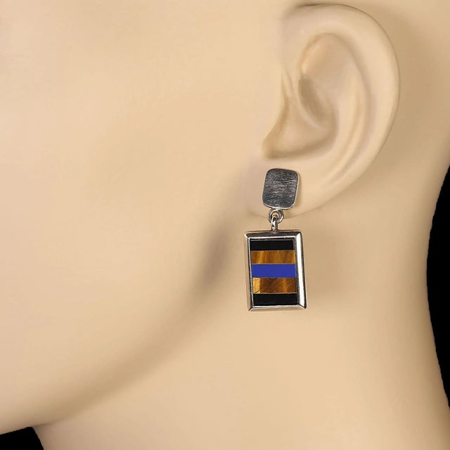 This is part of Chairish’s Costume Jewelry assortment. Sterling Silver Tiger's Eye Stripe Dangle Earrings – Bold and...