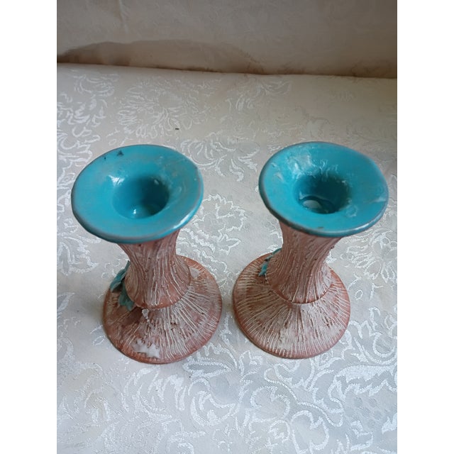1950s Vintage Mid-Century Faux Bois Ceramic Candle Holders With Teal Glazed Rims - A Pair For Sale - Image 5 of 10
