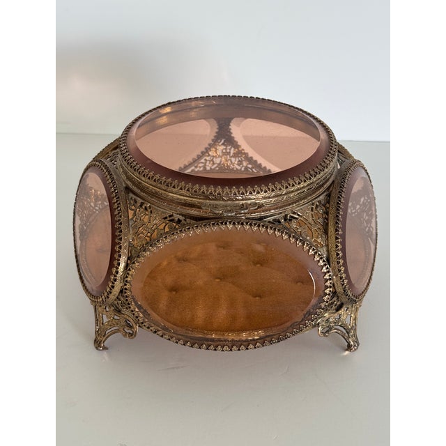 Hollywood Regency Ormolu Gold Filigree Beveled Glass Jewelry Casket 5-Sided Round Trinket Box, 1960s For Sale - Image 3 of 8