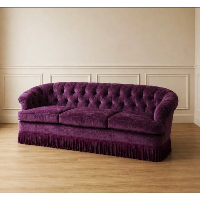Bring rich color and dramatic vintage character into your space with this Vintage Deep Plum Tufted Fringe Sofa. It...