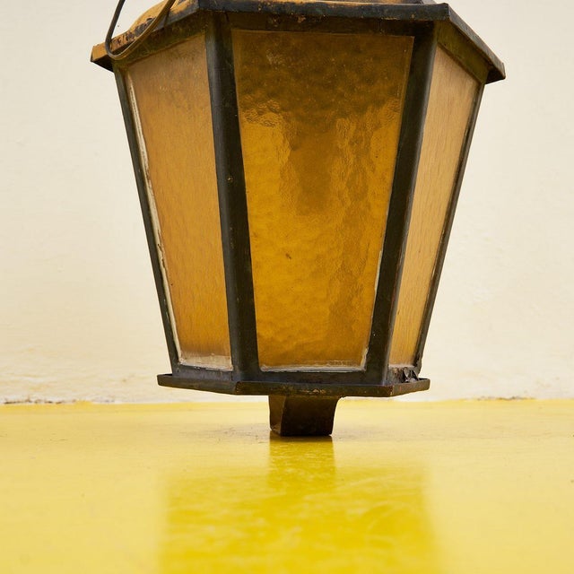 Antique Lantern in Iron and Amber Glass For Sale - Image 3 of 6