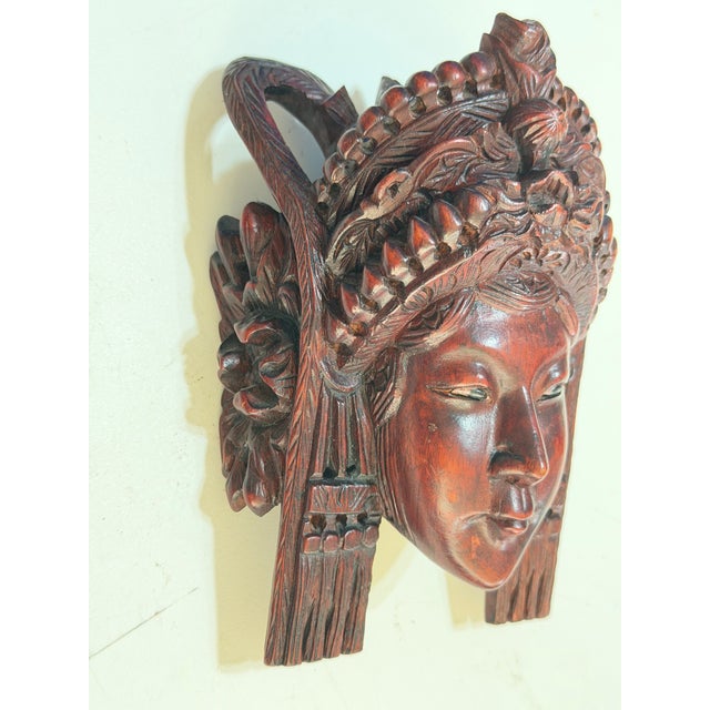 Pair of Vintage Balinese Rama & Sita Hand-Carved Wood Theatrical Wall Masks For Sale - Image 13 of 15