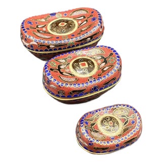 Mid 20th Century Chinese Cloisonné Yuanbao Wealth Ingot Trinket Boxes - Set of Three For Sale