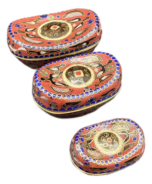 Mid 20th Century Chinese Cloisonné Yuanbao Wealth Ingot Trinket Boxes - Set of Three