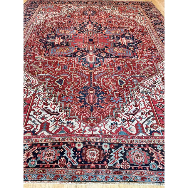 Textile Antique Persian Heriz Carpet Handmade Wool Oriental Rug, Rusty/Red Field, Navy For Sale - Image 7 of 18