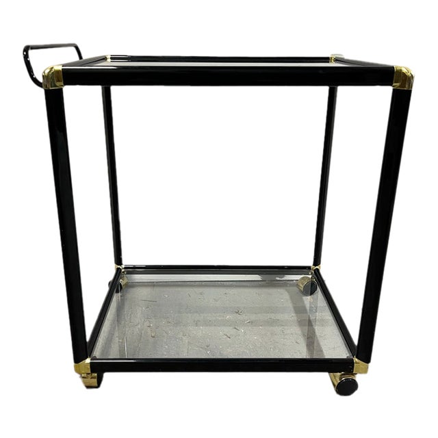 Hollywood Regency Black & Gold-Tone Glass Bar Cart or Tea Cart For Sale
