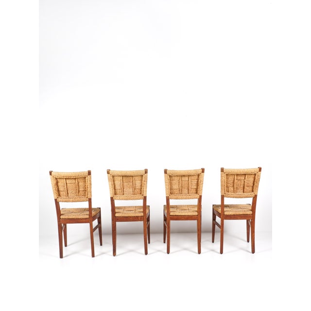 Mid-Century Modern Vintage Oak and Rope Chairs by Adrien Audoux & Frida Minet, 1950, Set of 4 For Sale - Image 3 of 11