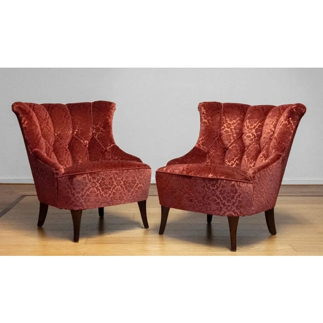 Set of 20th Century Napoleon III Armchairs in Velvet Jacquard Tone-on-Tone Brick For Sale - Image 3 of 12