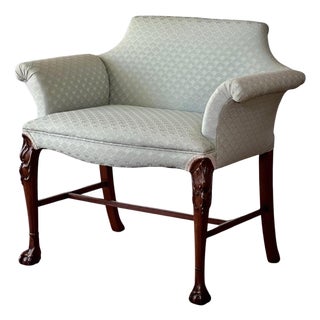 Georgian Carved Mahogany Upholstered Vanity Bench, Celadon Blue, Early 20th Century For Sale