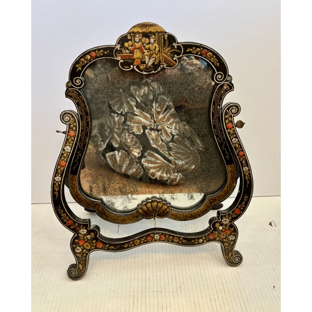 Napoleon III Tabletop Vanity Mirror Crafted from black lacquered or papier-mâché with intricate floral and gilt hand-...