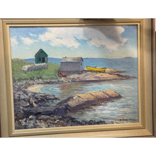 1960s Fish Houses, Summerville Oil Painting on Board Signed by Canadian Gordon Payne For Sale - Image 13 of 14