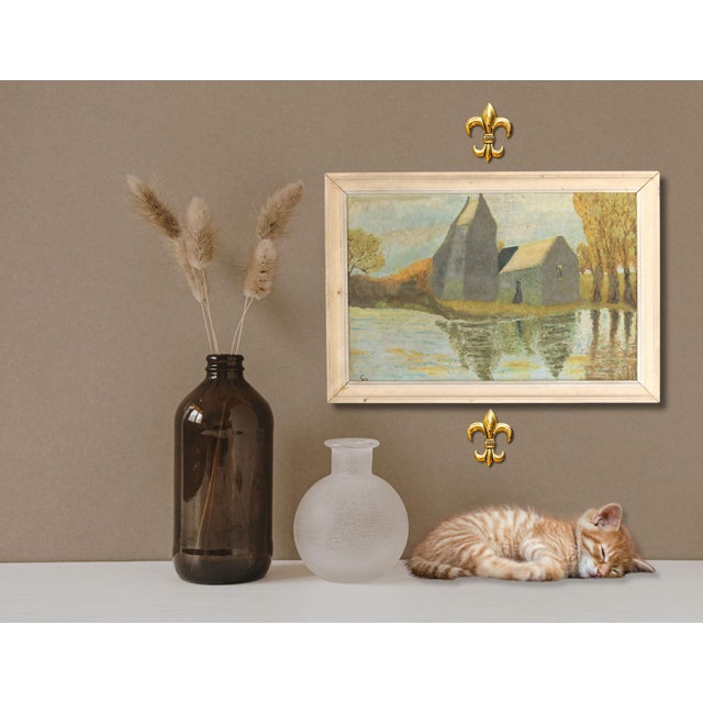 Vintage French landscape on canvas, artist signed lower left. The rustic composition shows a farmhouse or barn beside a...