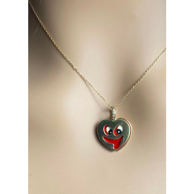 Gold Vintage Aaron Basha 18k Yellow Gold Diamond Enamel Whimsical Heart Charm Pendant For Sale - Image 8 of 9
