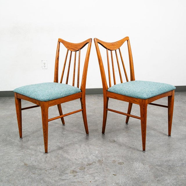 1960s Mid Century Modern Dining Chairs Set 3 Solid Oak Keller Furniture Aqua Blue MCM For Sale - Image 5 of 12