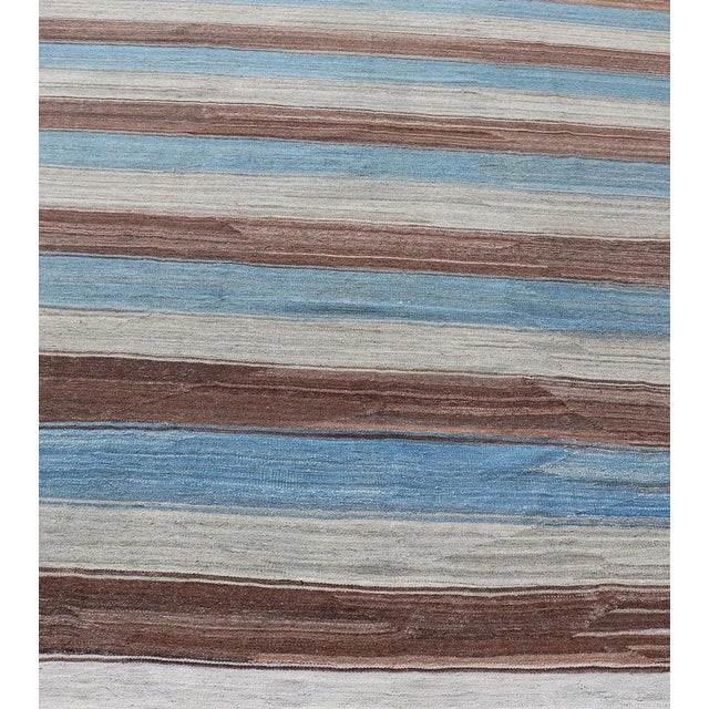 Modern Kilim Rug With Horizontal Stripes in Blue, Brown, and Soft Gray 8'4 X 11'10 For Sale - Image 3 of 13