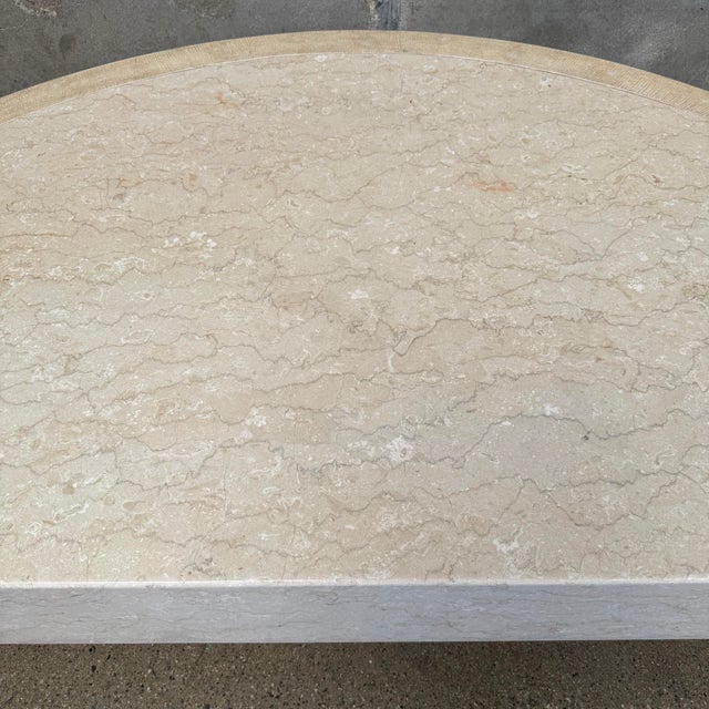 Cream Vintage Post Modern Half Moon Beige Wood & Travertine Coffee Table For Sale - Image 8 of 12