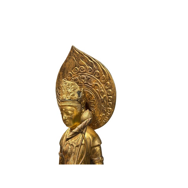 Asian Oriental Metal Bronze Kannon Guan Yin Bodhisattva Holding Lotus Statue For Sale - Image 3 of 14