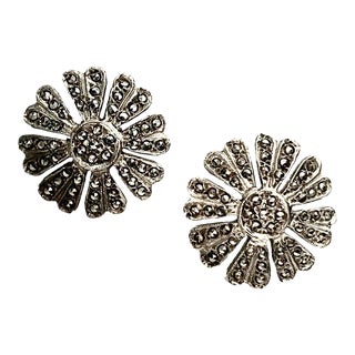 1930s Sterling Silver Marquisite Screw Back Daisy Earrings - 2 Pieces For Sale