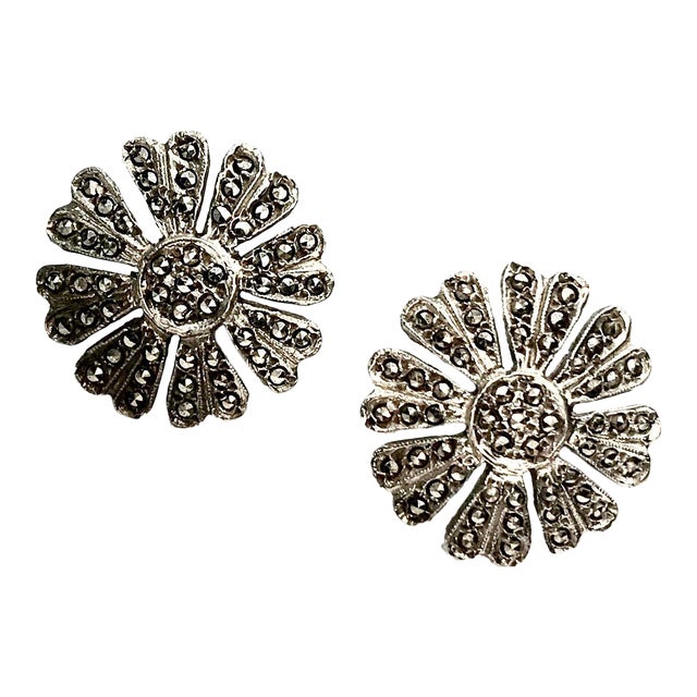 1930s Sterling Silver Marquisite Screw Back Daisy Earrings - 2 Pieces For Sale