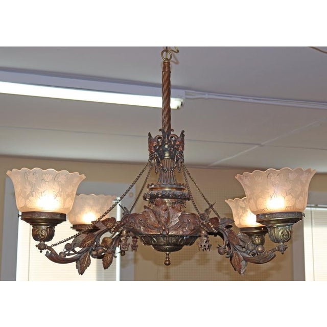 Late 18th Century 19th Century Bronze 4 Light Etched Glass Shade Gas Chandelier Gasolier For Sale - Image 5 of 18