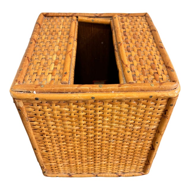 Vintage Woven Bamboo Rattan Tissue Box Cover For Sale