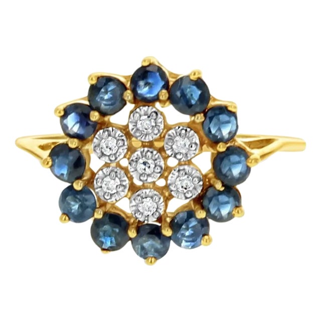 Sapphire Diamond Sunburst Ring 14k Yellow Gold, Size 7 For Sale