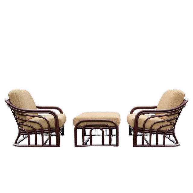 Mid-Century Modern 1960s Brown Jordan Designer Mid Century Bent Rattan Two Chairs and One Ottoman For Sale - Image 3 of 8