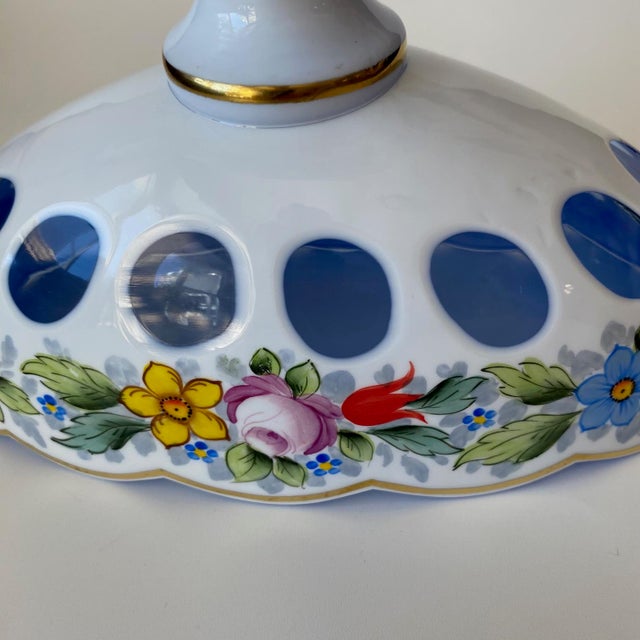 Glass Vintage Moser Glass Oval Bowl: Cut-to-Clear, White With Blue Overlay, Hand Painted Florals For Sale - Image 7 of 16