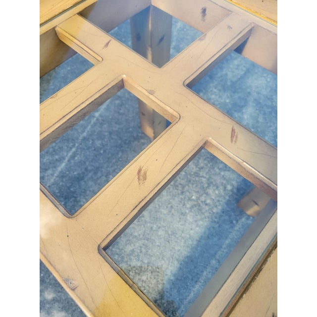 Tan Vintage Blonde Wood Fretwork Regency Style Rectangular Glass Top Side Table For Sale - Image 8 of 9