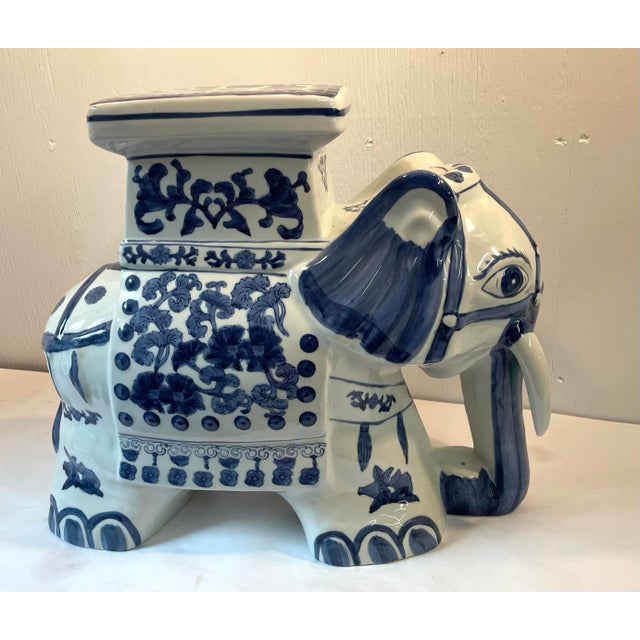 Asian Vintage Blue and White Ceramic Elephant Garden Plant Stand For Sale - Image 3 of 8