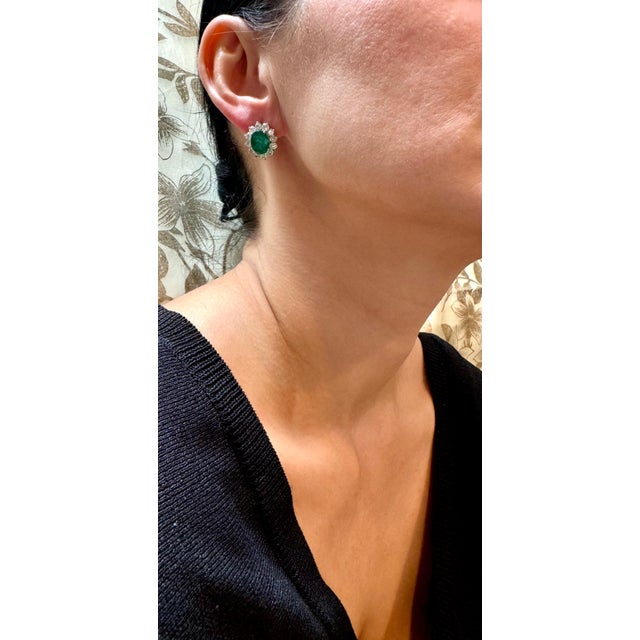 6 Ct Oval Shape Emerald & 3 Ct Diamond Post Back Earrings 14 Karat White Gold For Sale - Image 13 of 18