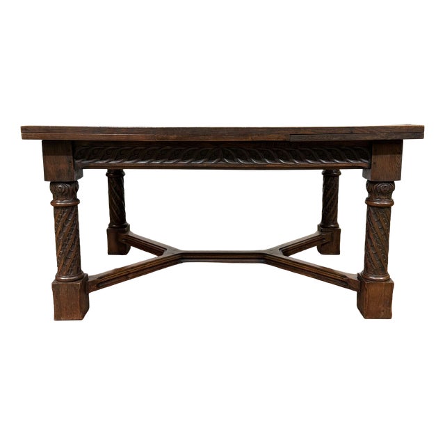 Extendable Oak Table with Gothic Decoration, 1930s For Sale