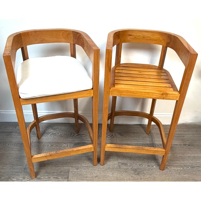 Pair Architectural Solid Teak Bar Stools Attributed to Palecek, Organic Modern For Sale - Image 9 of 14