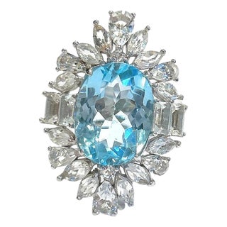 Bochic "Capri" Vintage Blue Topaz Ring Set In 18K White Gold & Silver For Sale