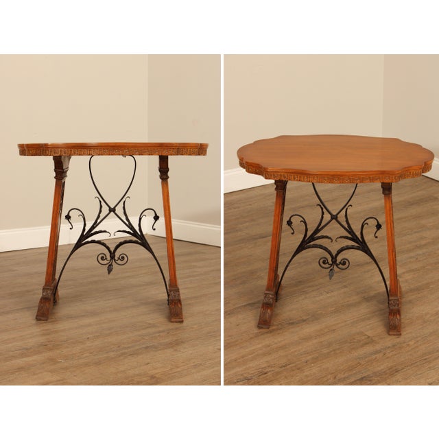 Spanish Revival Antique Spanish Revival Carved Oak And Forged Iron Trestle Side Table For Sale - Image 3 of 14
