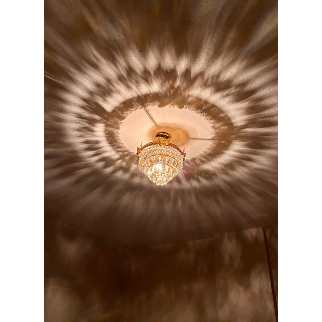 Vintage Brass Butterfly Flush Mount Light, Vintage Hand-Painted Light Green Crystal Basket Chandelier, Dramatic Radial Shadow Display For Sale - Image 9 of 15