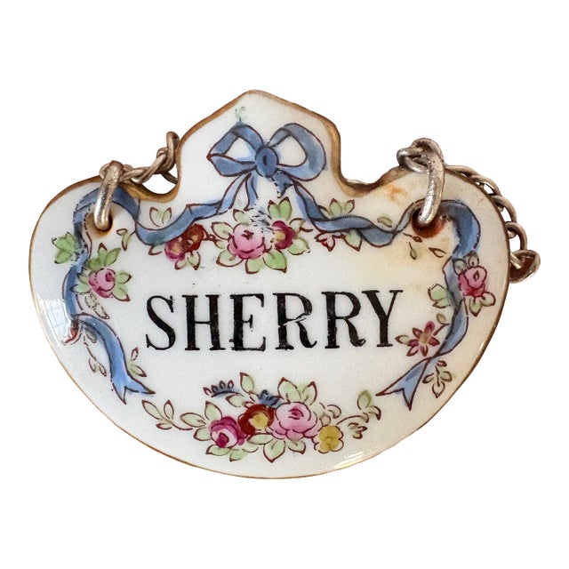 Staffordshire Ceramic Antique Hand Painted Bone China Liquor Sherry Bottle Tag For Sale