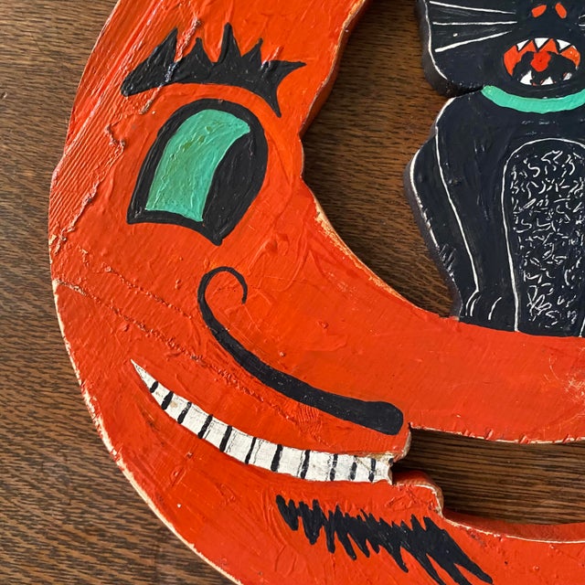 Wood "Black Cat in the Moon" Double Sided Hanging Vintage Style Halloween Decor Folk Art For Sale - Image 7 of 8