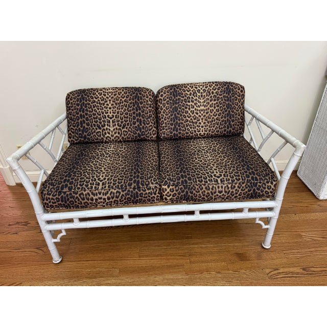 Mid 20th Century Mid 20th Century Vintage Faux Bamboo Iron Chinoiserie Loveseat Settee With Leopard Print Cushions For Sale - Image 5 of 12