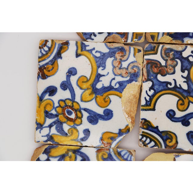 Ceramic 17th Century Set of Six Floral Tiles, Portuguese For Sale - Image 7 of 14