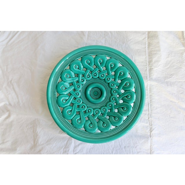 Aqua Large Vintage Turquoise Ceramic Bowl with Openwork Braided Pattern, 1950s For Sale - Image 8 of 8