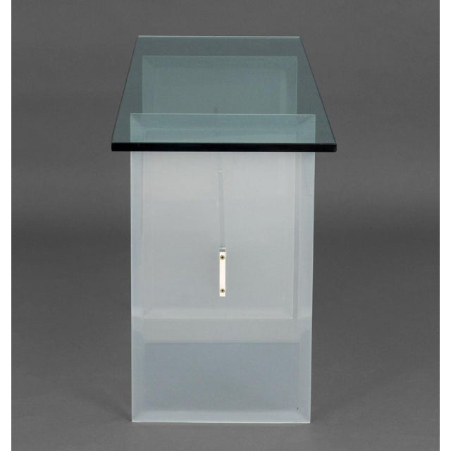 Modern Glass Top Console Table With Lucite and Steel Base For Sale - Image 9 of 9